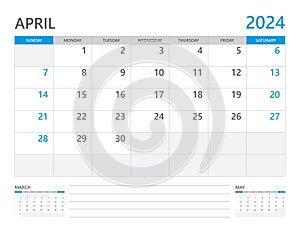 April 2024 year, Calendar planner 2024 and Set of 12 Months, week start on Sunday. Desk calendar 2024 design, simple and clean