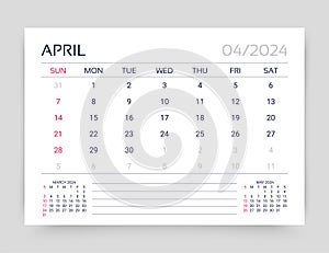 April 2024 year calendar. Planner calender layout. Week starts Sunday. Desk monthly organizer