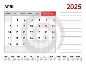 April 2025 year - Calendar 2025 template vector, week start on monday, Desk calendar 2025 year, Wall calendar design, corporate