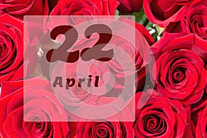 April 22th. Day of 22 month, calendar date. Natural background of red roses. A bouquet of dark red roses