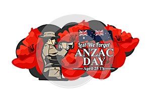 April 25, `Lest We Forget`. Happy Anzac Day Vector Illustration.