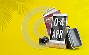 April 4th. Day 4 of month, Calendar date. Mechanical calendar display on your smartphone. The concept of travel. Spring month, day