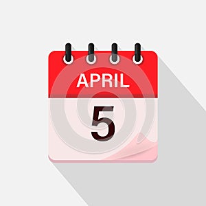 April 5, Calendar icon with shadow. Day, month. Flat vector illustration.
