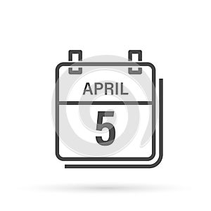 April 5, Calendar icon with shadow. Day, month. Flat vector illustration.