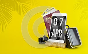 April 7th. Day 7 of month, Calendar date. Mechanical calendar display on your smartphone. The concept of travel. Spring month, day