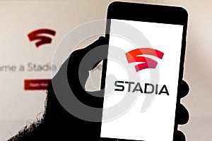 April 5, 2019, Brazil. Google Stadia logo on the mobile device. Stadia is a streaming video game service being developed by Google