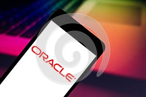 April 25, 2019, Brazil. Oracle logo on mobile device.