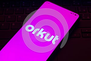 April 29, 2022, Brazil. In this photo illustration, the Orkut logo seen displayed on a smartphone