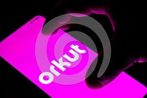 April 29, 2022, Brazil. In this photo illustration, the Orkut logo seen displayed on a smartphone