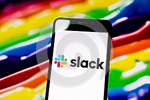 April 29, 2019, Brazil. In this photo illustration the Slack logo is displayed on the screen of the mobile device