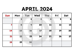 April 2024 calendar. Vector illustration. Monthly planning for your business photo