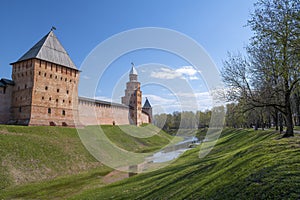 April day at the ancient Detinets (Kremlin) of Veliky Novgorod. Russia