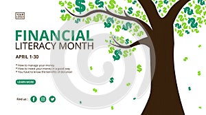 April is financial literacy month background design with a profit tree illustration