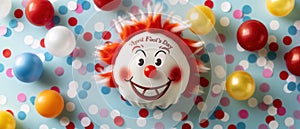 April Fool's Day Celebration with Smiling Clown Toy and Colorful Confetti.