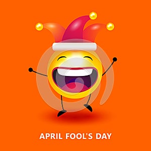 April fool`s day. Happy face emoji with jester hat. 1 April fools day. Celebration vector illustration for your design. Backgroun