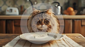 April Fool's Day Prank. Cat Is Tricked with an Empty Bowl Featuring a Cheeky Smiley. AI Generated