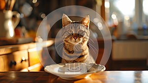 April Fool's Day Prank. Cat Is Tricked with an Empty Bowl Featuring a Cheeky Smiley. AI Generated photo