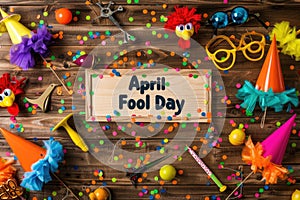 April Fools' Day Celebration with Prankster's Toolkit and Festive Decorations on Wooden Background photo