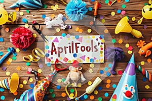 April Fools' Day Celebration with Prankster's Toolkit and Festive Decorations on Wooden Background photo