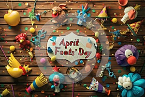 April Fools' Day Celebration with Prankster's Toolkit and Festive Decorations on Wooden Background photo