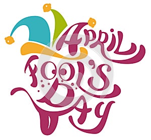 1 April Fools Day. Clowns cap with bells. April Fools Day lettering text for greeting card photo