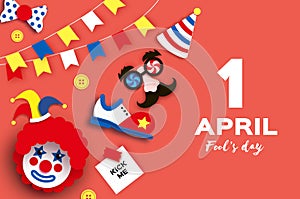 1 April Fools day. Funny Crazy Mask Glasses. Jester hat. Kick me prank paper sticker. Funny Clown, red wig. Clown shoes