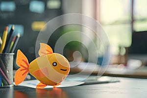 1 april fools day. Funny day. April fish. Prank. A plush goldfish toy sits on a desk, infusing a touch of whimsy into