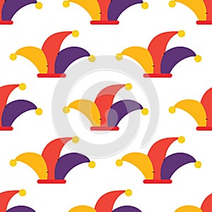 April Fools Day vector cartoon style seamless pattern background with cute colorful jester hats