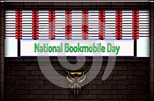 April month special day. National Bookmobile Day, Neon Text Effect on Bricks Background photo