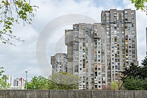 18. April 2023. New Belgrade, Serbia. New Belgrade View with socialistic architecture in brutalism style of construction. Building