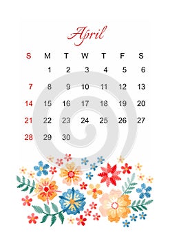 April. Vector calendar template for 2019 year with beautiful composition of embroidery flowers.