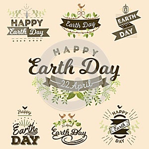 April 22 World Earth Day. logotypes set for greeting cards or banner with text and fonts lettering in retro hipster