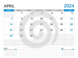 April 2024 year, Calendar planner 2024 and Set of 12 Months, week start on Sunday. Desk calendar 2024 design, simple and clean photo