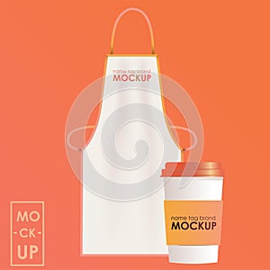 Apron with a cup of coffee mockup on a gradient. Vacancy barista, uniform in the cafe