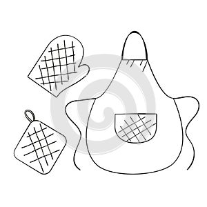 Apron, glove and potholder in doodle style. Vector illustration