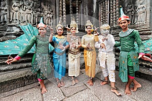 Apsara Dancers according to Khmer traditions. Angkor Wat Temple. Siem Reap Cambodia