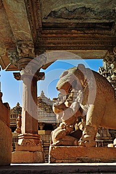 Apsara worshipping lion, Khajuraho, India, UNESCO heritage site