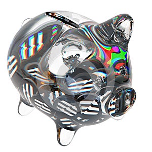 Aptos (APT) Clear Glass piggy bank with decreasing piles of crypto coins.