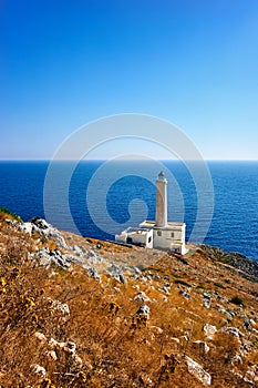 Apulia Puglia Italy. The lighthouse at Cape Palascia (Capo d\'Otranto). The easternmost point of Italy