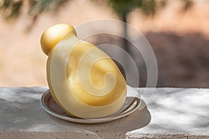 Apulian cheese caciocavallo on plate with blurred nature background