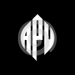 APV circle letter logo design with circle and ellipse shape. APV ellipse letters with typographic style. The three initials form a