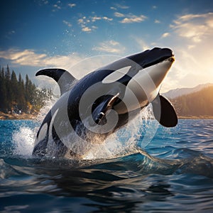 Aqua ballet Big orca whale leaps, a marine marvel unfolds