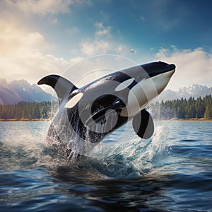 Aqua ballet Big orca whale leaps, a marine marvel unfolds