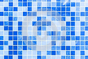 Aqua Blue Ceramic Tile Mosaic Abstract Pattern Square Design Bath or Pool Texture Background, Soft Focus