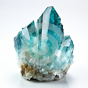 Aqua Blue Crystal On White Background: Apatite Stone With Youthful Energy