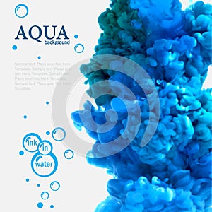 Aqua blue ink in water template with bubbles