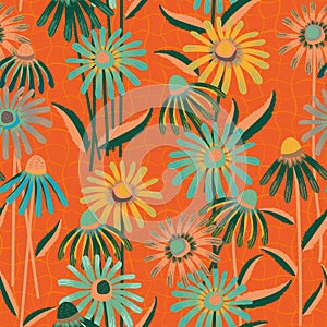 Aqua blue and tangerine color Echinacea flowers in tropical design. Seamless vector pattern on orange grid textured