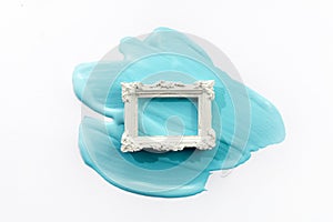 Aqua color with white vintage frame. Aqua colour of the year 2021 photo