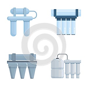 Aqua filter icons set cartoon vector. Water purification and filtration system