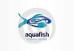 Aqua Fish creative symbol. Water splash shape logo template. Seafood restaurant menu, shop, store logotype. Blue sea